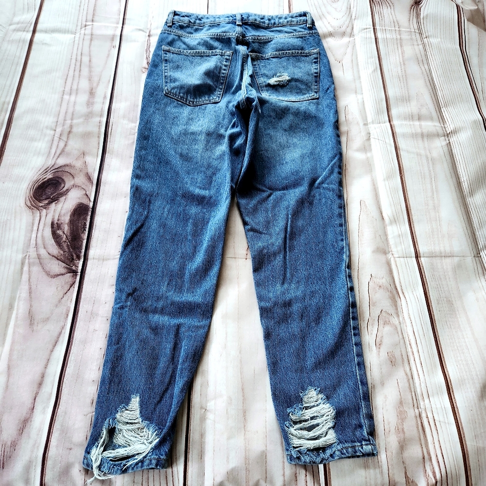 Topshop "Mom" Distressed Hem High Rise Straight Leg Blue Jeans | Women's Size 28 - Picture 10 of 14